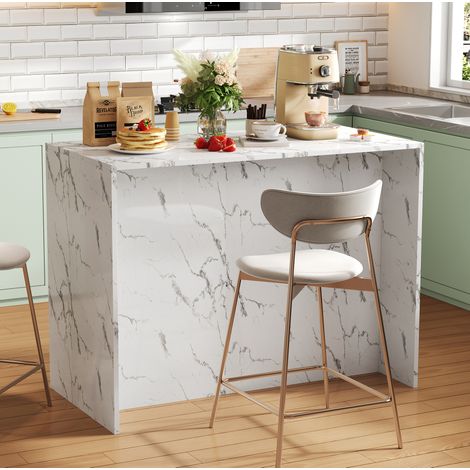 Isola da cucina 120x60x90,5 cm bianca effetto marmo con 3 cassetti, 3 ante e area bar (1/5)