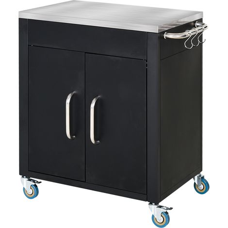Chariot de cuisine avec rangement, roulettes et crochets, plateau inox noir 86x50x86,5 cm (1/5)