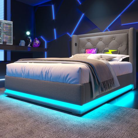 Lit rembourré simple 90200 cm, gris, en coton, lit de rangement hydraulique, tête de lit rembourrée avec fonction de charge USB Type-C, éclairage LED sur 3 côtés (sans matelas) (1/5)