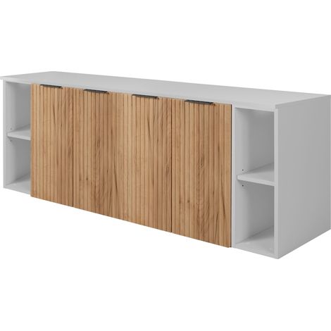 Furnidea - Meuble sous vasque suspendu FLOW CHÊNE 160 cm avec 2 x l'étagères - extensions et plan BLANC - 4 portes - façades rainurées (1/5)