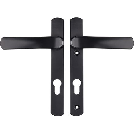 Poignée de porte avec plaque de fixation et trou de serrure, idéale pour les portes d'entrée, de bureau ou de garage. Entraxe de fixation : 115 mm. Installation facile. (1/3)
