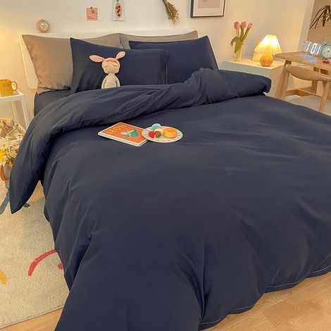 Dicke, gebürstete Baumwoll-Bettwäsche im Studenten-Ins-Stil, 4-teiliges Set mit Spannbettlaken 180x200 cm, Marineblau-lsw