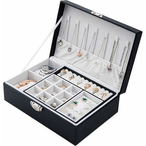 Jewelry Box for Women, Watch Box Travel Lockable Leather Jewelry Box 2 Layers Jewelry Organizer, Jewelry Storage Case Jewelery Organizer (Black) (1/5)