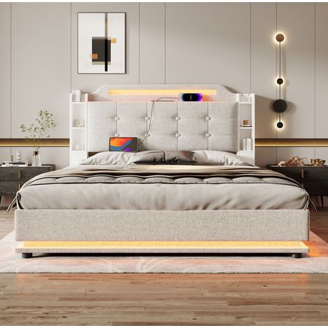 letto contenitore 140x200 con LED USB beige OKMYHOME (1/5)