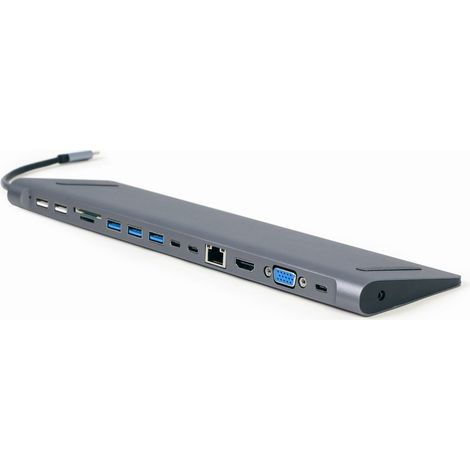 Gembird A-CM-COMBO9-01 USB Type-C 9-in-1 multi-port adapter (USB hub + HDMI + VGA + PD + card reader + LAN + 3.5 mm audio), space grey (1/4)