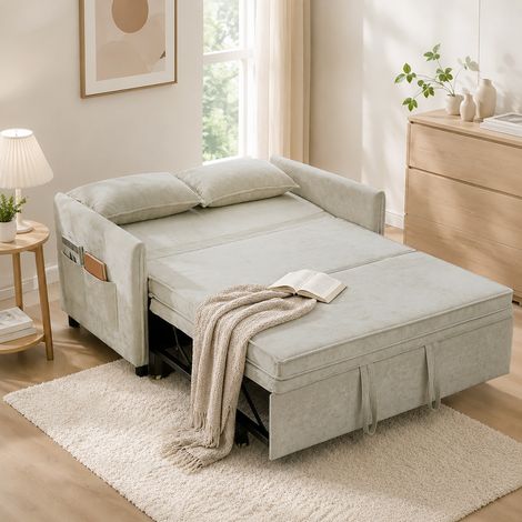 Canapé Lit Convertible 2 Places Velours Vert 137cm, Dossier Inclinable, Assise Confortable, 3-en-1 avec 2 Coussins (1/5)