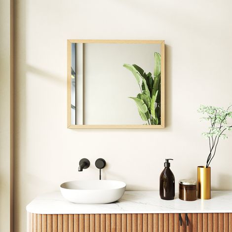 Miroir mural carré 50x50 cm, cadre en bois massif naturel, idéal pour salle d'eau, séjour ou chambre à coucher