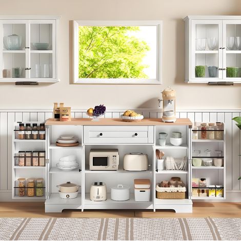 Credenza da cucina 138 cm in MDF, 4 zone di contenimento, bianco e naturale DESVIAE (1/5)