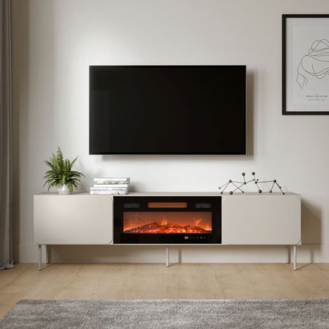 Mobile Porta tv Vermezzo, un Ripiano, 2 Ante, Caminetto Incluso, 200x42x57h cm Beige (1/5)