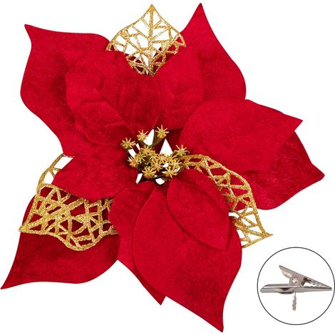 15 flores de Pascua, purpurina roja y dorada, clips incluidos, adornos para árbol de Navidad y corona navideña. (1/5)