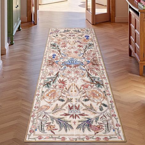 Tapis Lavable de Couloir 60×180 cm, Rose Floral, Doux Bohème, Vintage Oiseau, Antidérapant pour Salle de Bain, Entrée, Salon et Cuisine (1/5)
