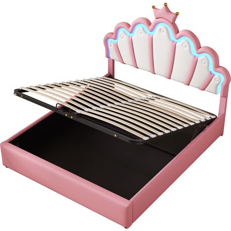 Lit princesse 140x200 rose, lit capitonné avec éclairage led réglable par application, lit coffre avec sommier à lattes, design couronne. (1/5)