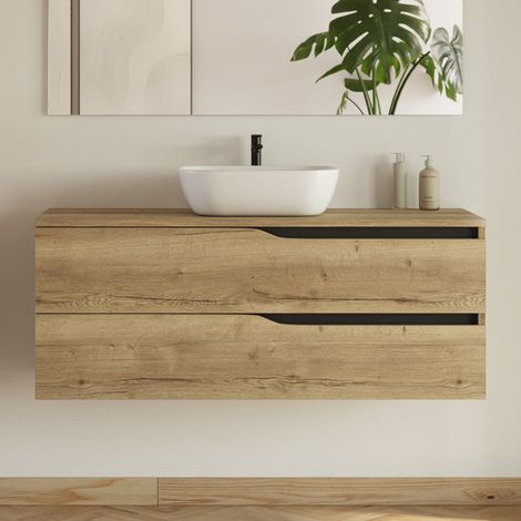 Meuble de salle de bain 120cm avec plateau et vasque à poser zeus - 2 tiroirs - sans miroir - madera miel (chêne clair) - LUNA (1/5)