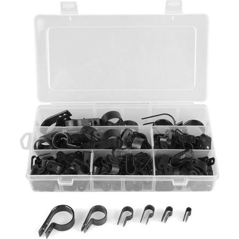 Confezione da 200 clip per cavi in nylon - 5 mm, 6 mm, 9 mm, 12 mm, 19 mm, 25 mm - Per kit di cavi, tubi e passacavi. (1/5)