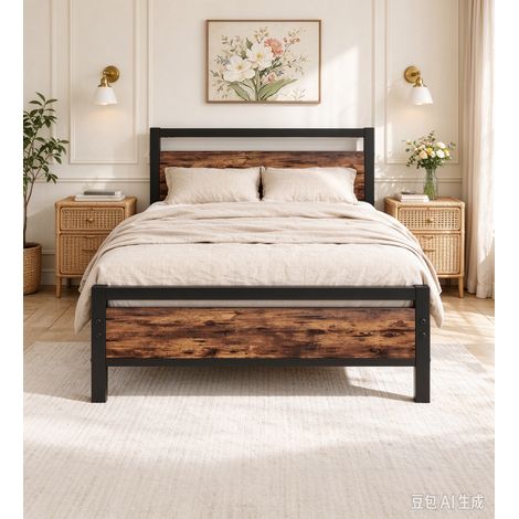 Lit 1 place 90x190 cm, cadre de lit sans matelas,Sommier pour lit simple, avec tête de lit en bois, sommier métallique robuste pour lit simple, marron