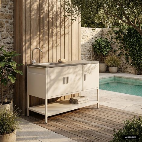 Cuisine d'extérieure en acier beige avec évier L120cm