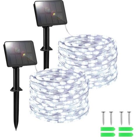 2 pièces guirlande lumineuse solaire, 100 LED, 5 m par pièce, étanche IP65, 8 modes, pour jardin et terrasse (1/5)