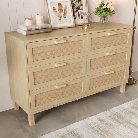 Commode en panneaux de particules naturel 120x40x75 cm, 6 tiroirs, façades effet rotin (1/5)