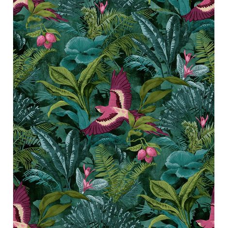 Rasch Tropical Rainforest Wallpaper Botanical Floral Birds Jungle Teal Green (1/7)