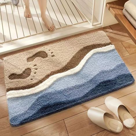Tapis de bain antidérapant et absorbant – Tapis d’entrée lavable en fausse fourrure polaire, idéal pour salle de bain, WC ou entrée (modèle Plage d’été, motif 5, 40 x 60 cm)-lsw
