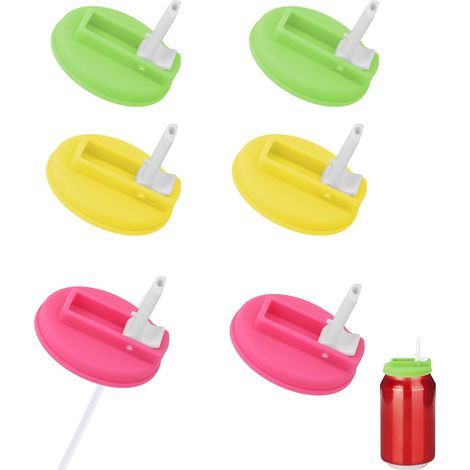 6 Couvercles Canettes Soda, Couvercles Réutilisables Silicone pour Canettes de Soda avec Pailles en Silicone pour Boissons en Conserve Standard jus Bière (Rose Rouge, Jaune, Verte) (1/5)