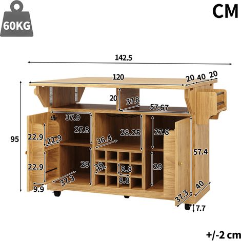 VVBV Table basse, 142,5 x 80 x 95 cm, avec rangement, MDF, bois naturel, extensible, sur roulettes, gain de place, pliable (1/5)