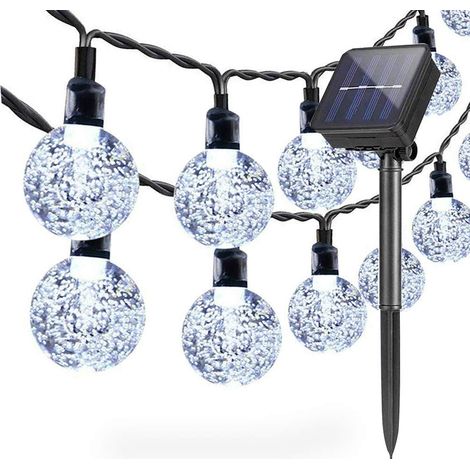 Guirlande lumineuse solaire, guirlande lumineuse solaire, 7 mètres, 50 LED, boules de cristal, lumières de décoration de vacances (lumière blanche froide)