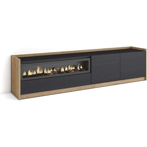 Mueble TV Macharaviaya-02 de 207x50x37 cm con chimenea eléctrica, color negro y roble (1/4)
