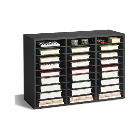 Organizador de Literatura, Clasificador de Archivos de 27 Compartimentos 800 x 297 x 550 mm con Estantes Extraíbles, Clasificador de Madera de Aglomerado para Oficina, Hogar, Aula, Negro (1/5)