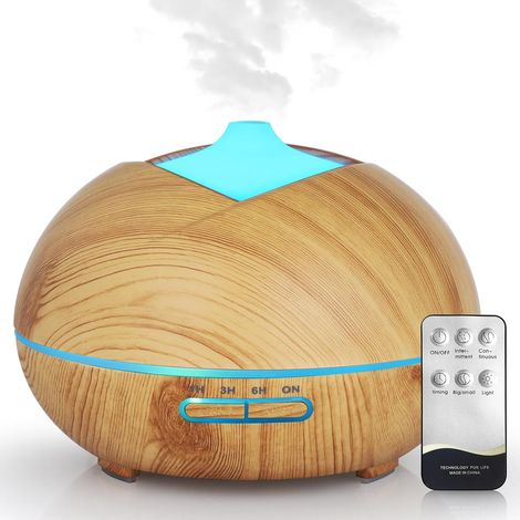 Diffuseur d'huiles Essentielles 500ML, Humidificateur Diffuseur Parfumé Aromathérapie Ultrasons avec Télécommande 7 Lumières LED Diffuseur d'arôme pour Chambre Spa Yoga Bureau, Brun Clair (1/5)