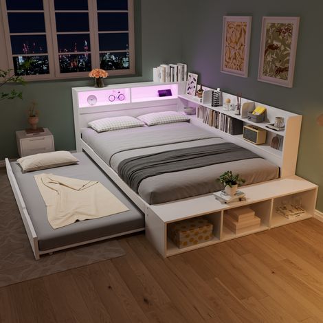 Lit banquette 120x200 cm avec lit gigogne 90x190 cm, rangements, LED, USB et cadre en bois - Blanc (1/5)