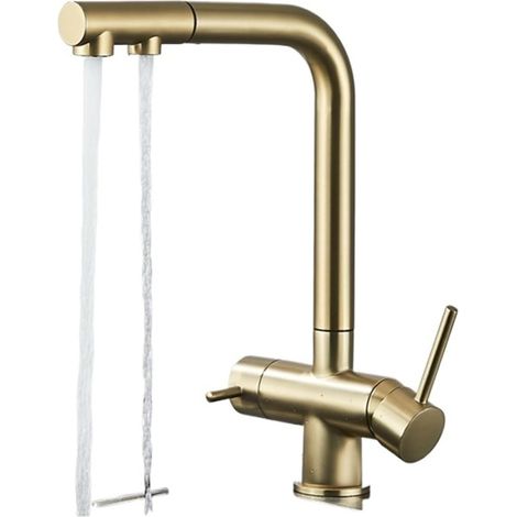 Robinet de cuisine Robinet de cuisine avec filtre à eau, mitigeur extractible monté sur le pont à deux poignées, grue de Purification de l'eau à Rotation de 360 degrés(Brush Gold A) (1/5)