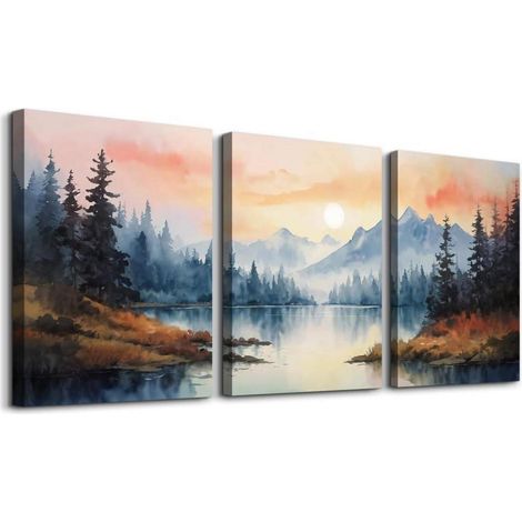 Leinwandbilder Set Aquarell Sonnenuntergang im Herbstwald 40L x 30B cm (1/5)