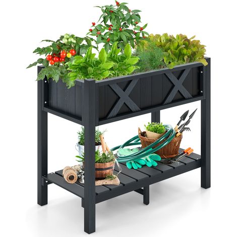 Bac potager surélevé noir en HIPS avec étagère ventilée, renforts en X et trous de drainage pour terrasse, balcon et jardin (1/5)