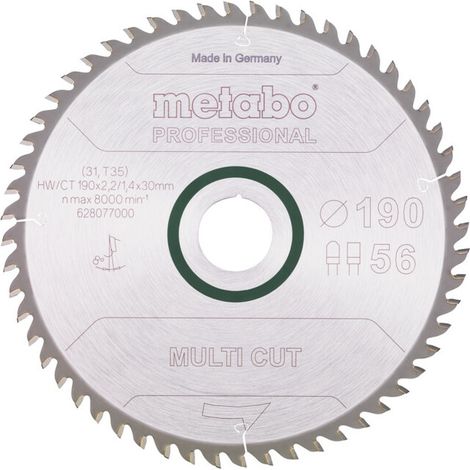 Lame de scie circulaire HW/CT 190 x 30 x 2,2/1,4, nombre de dents 56, denture plate trapézoïdale, angle d'attaque 8° metabo
