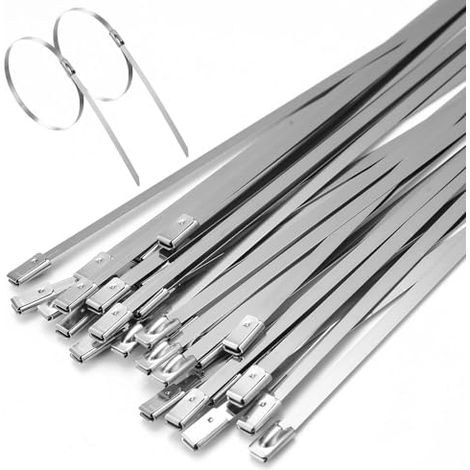 100 Pcs Collier de Serrage Inox, 4,6 x 300 mm Attache Câblées Acier Inoxydable 304, Métallique Inox Autobloquante avec Butée à Bille pour Conduits échappement Intérieur Extérieur - (1/5)