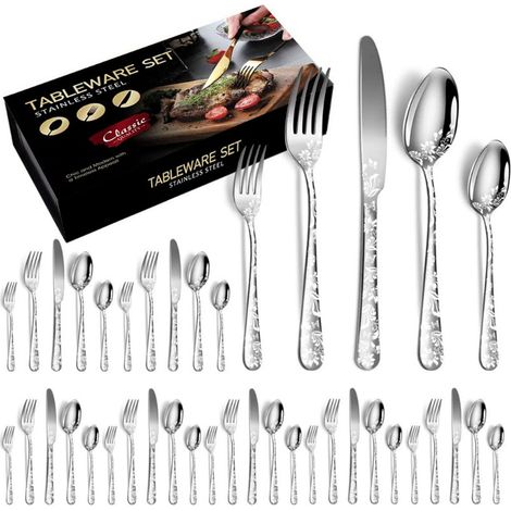 Ménagère 40 Pièces en Acier Inoxydable, Motif Fleur de Pivoine, Poli Miroir, Compatible Lave-Vaisselle, Argent (1/5)