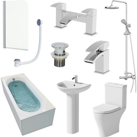 Bathroom Suite 1700mm Single Ended Bath Shower Toilet Pedestal Basin Taps Screen (1/5)