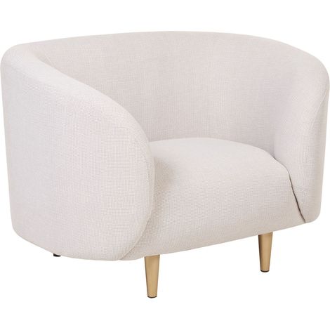 Fauteuil à Accoudoirs et Dossier Uni Courbe Glamour Tissu Beige Pieds Dorés Loen