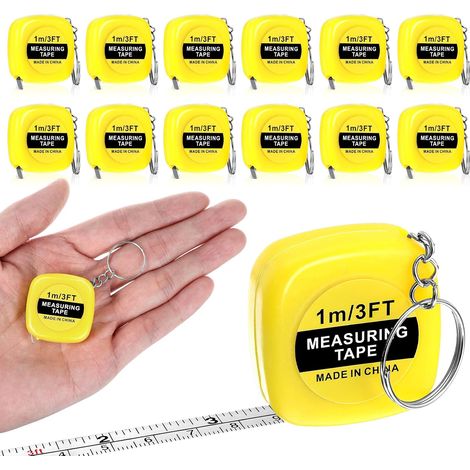 Lot de 12 mini mètre ruban porte-clés 100 cm - Ruban de mesure rétractable - Cadeau ingénieur - Design facile à enfiler pour la taille, les vêtements, le tour de tête - Mesure de la longueur - Jaune (1/5)
