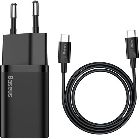 Baseus Super Si Schnellladegerät 1C 25W EU Sets Schwarz + Mini Schwarz Kabel Typ-C auf Typ-C 3A 1m (1/5)