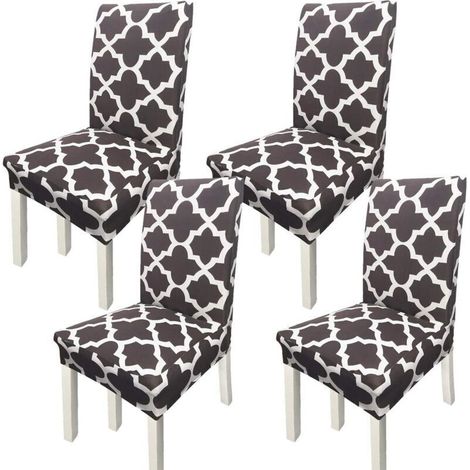 Dining room chair covers – Set of 4, elegant printed pattern, coffee color, adjustable and washable stretch material