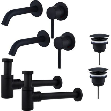 FugaFlow Eccelente Sobrado Slim Kit robinet lavabo - pour double vasque - robinet rehaussé - bonde non-obturable - siphon design bas - Noir mat (1/4)