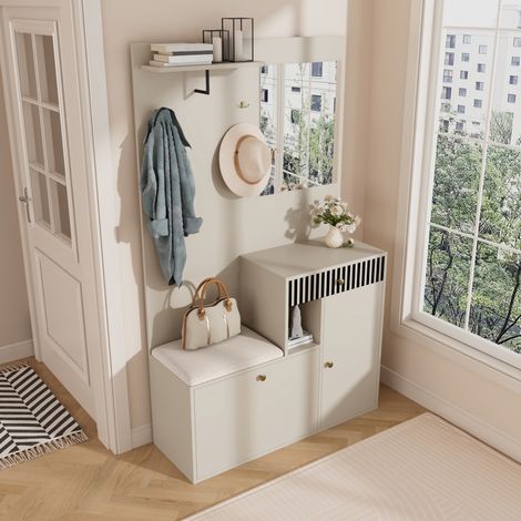 Ensemble de rangement d'entrée compact avec miroir et coussin, meuble de couloir avec étagères, penderie murale, armoire à chaussures, panneau mural pour hall, (L x H x P) : 110 x 185,5 x 37 cm (1/5)