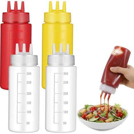 Lot de 4 flacons souples pour sauces, 300 ml (10 oz), flacons à 3 trous pour ketchup, moutarde, sirop, sauce barbecue, etc. Idéal pour la cuisine et les loisirs créatifs. (1/5)