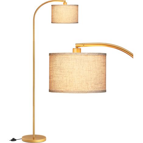 EDISHINE Lámpara de Pie Minimalista con Pantalla de Lino Beige, Casquillo E27, con Bombilla LED, 161cm Lámpara de Arco con Pantalla Ajustable para Dormitorio, Salón, Oficina, Dorado