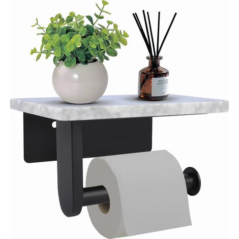 Porte-Papier Toilette avec étagère en marbre Naturel pour Salle de Bain et Salle de Bain, Support Mural adapté pour Grand Rouleau de Papier Toilette (Petit Format 17 x 10,9 cm, Noir Mat) (1/5)