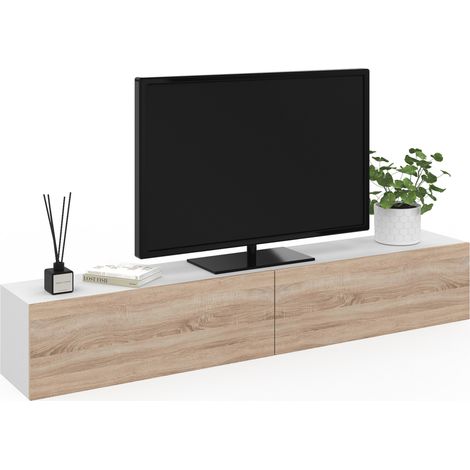 Idmarket – Meuble TV suspendu 180 cm – 2 portes abattantes – Structure en panneaux de particules – Pour écran plat jusqu'à 70 pouces