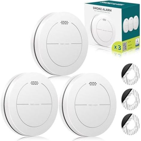 Rauchmelder, 10 Jahre Batterielaufzeit, keine blinkende LED, geräuschloser Betrieb, mit Klebepads, 85 dB Alarmton, Heim-Feuermelder, 3-teilig (1/5)
