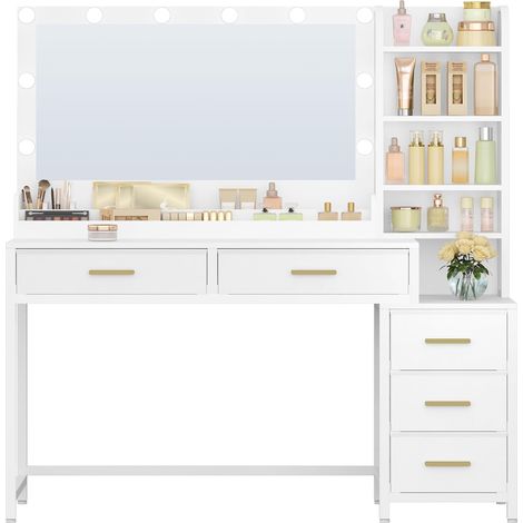 Coiffeuse avec Miroir, Table de Maquillage avec Éclairage LED, Luminosité Réglable, 3 Couleurs, 5 Tiroirs et 5 Compartiments Ouverts, Blanc (1/5)